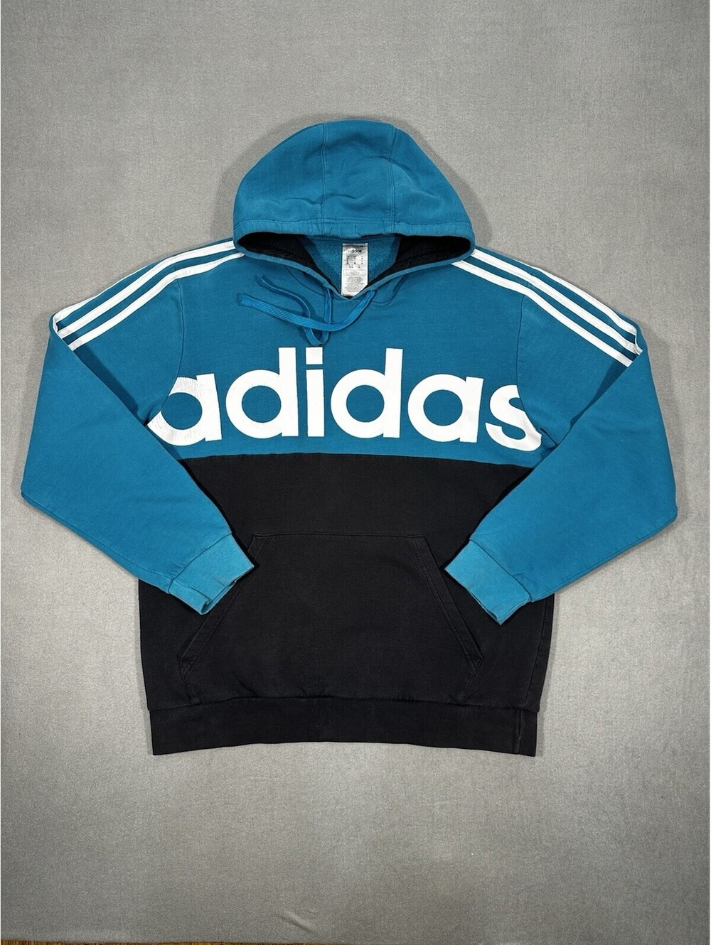 Adidas Big Logo Hoodie Men’s Medium Teal Blue Black Pullover Sweatshirt